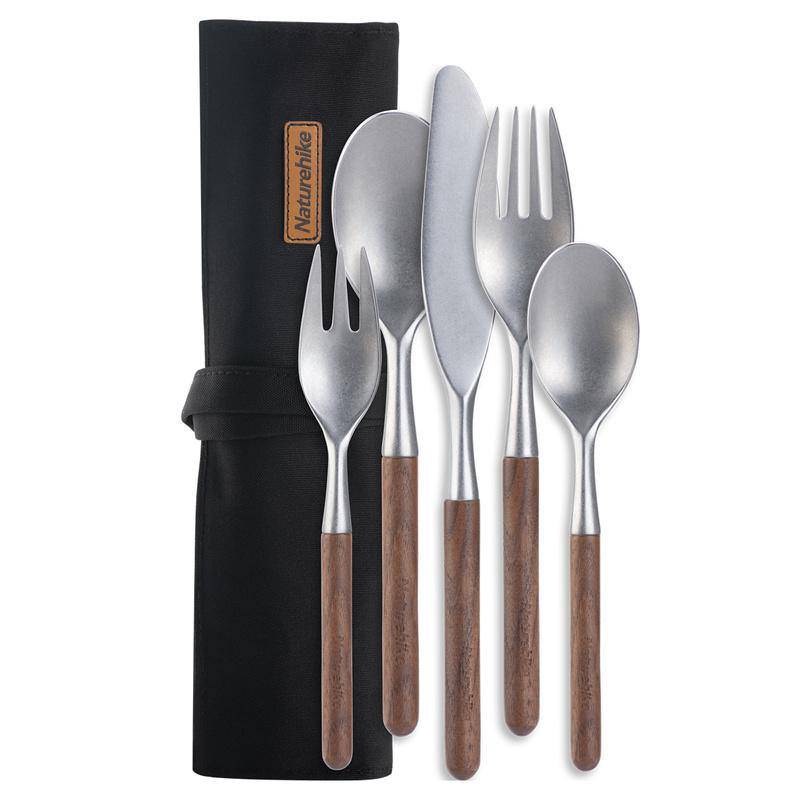 Naturehike Outdoor Stainless Steel Wooden Knife Fork Spoon Dinnerware Set - HUNTING CASE