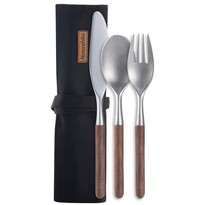 Naturehike Outdoor Stainless Steel Wooden Knife Fork Spoon Dinnerware Set - HUNTING CASE