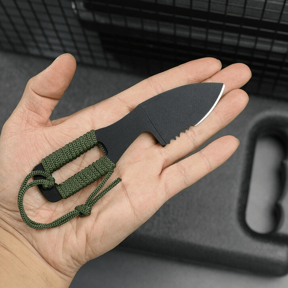 Outdoor fixed-blade neck knife with black rubber handle