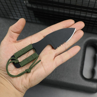 Outdoor fixed-blade neck knife with black rubber handle