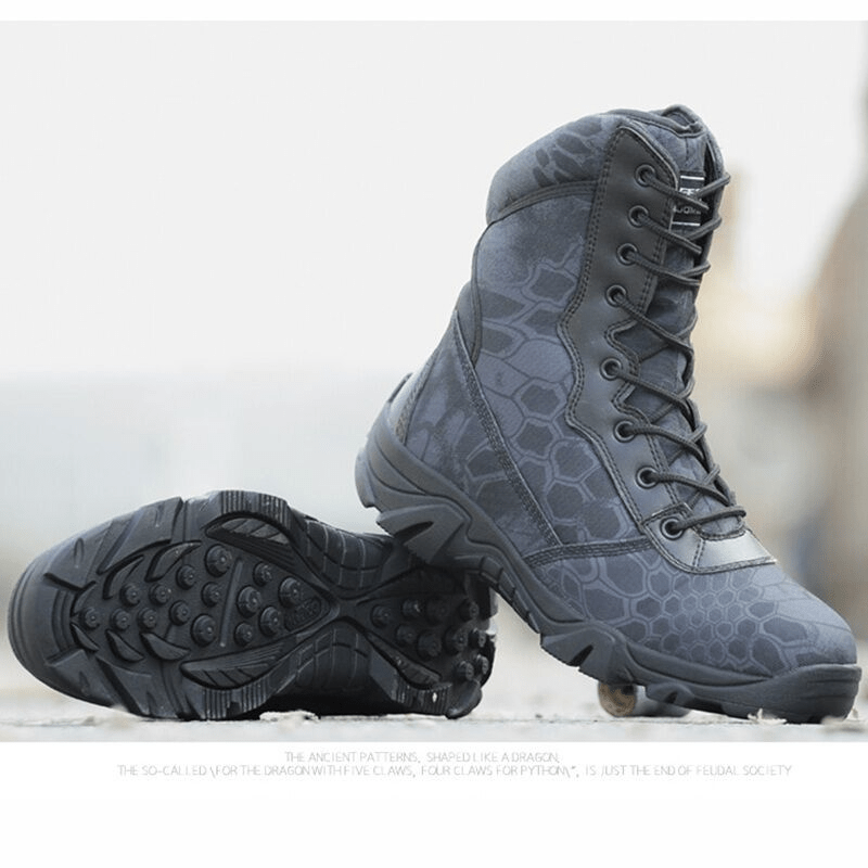 Military-grade tactical boots in black with snake pattern and waterproofing