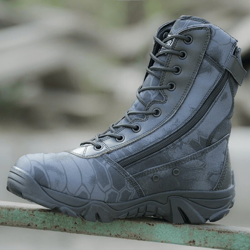 Military boots with snake design, waterproof features, and black python pattern