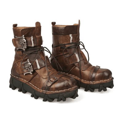Brown genuine leather military skull steampunk boots