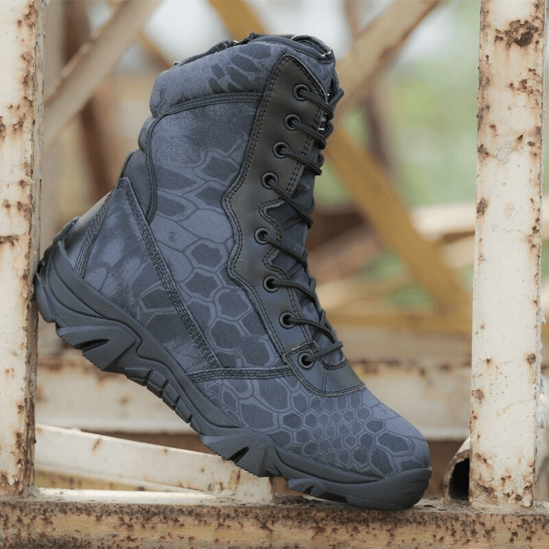 Military tactical boots featuring black python pattern, snake design, and waterproofing