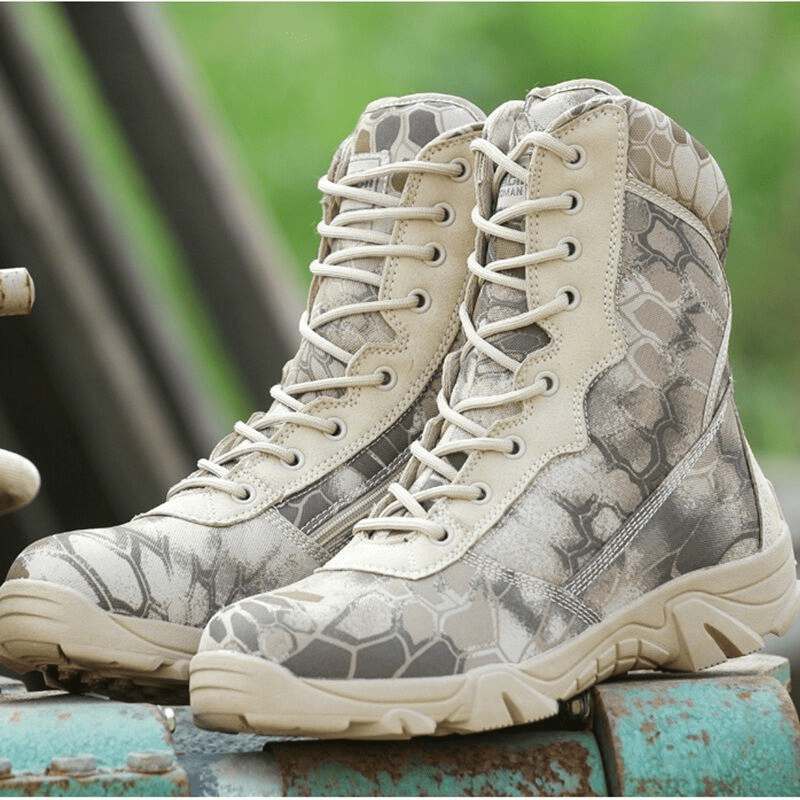 Tactical waterproof boots with a snake pattern by Sand Boa