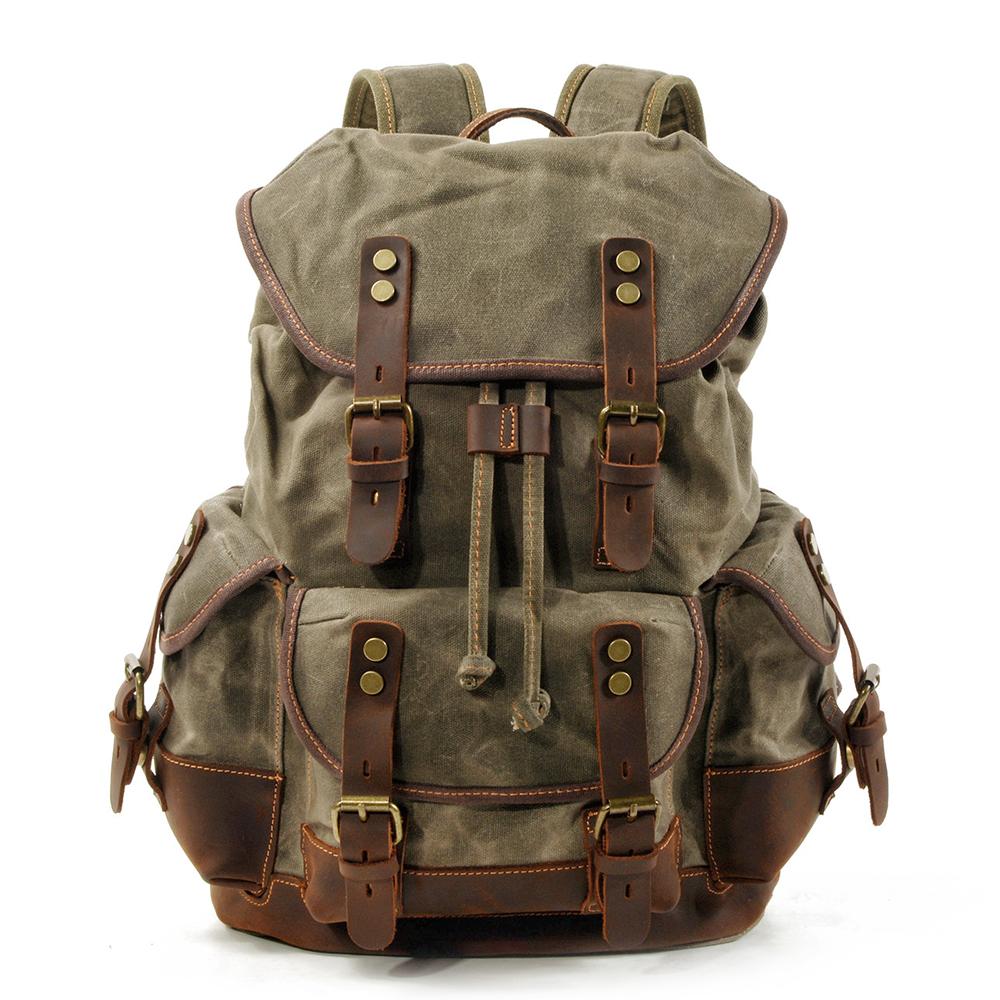 best canvas hiking backpack AUGUR High Capacity Vintage inspired waxed canvas backpack that blends classic and modern elements 30L to 80L | Green-Brown-Black-White