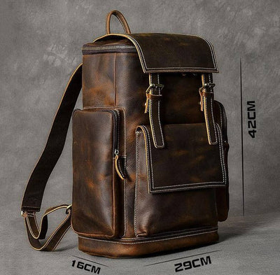 Vintage-inspired 36 to 55-liter travel backpack in brown leather for men