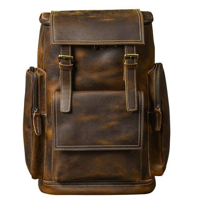 Retro brown leather travel backpack for men with 36-55L capacity