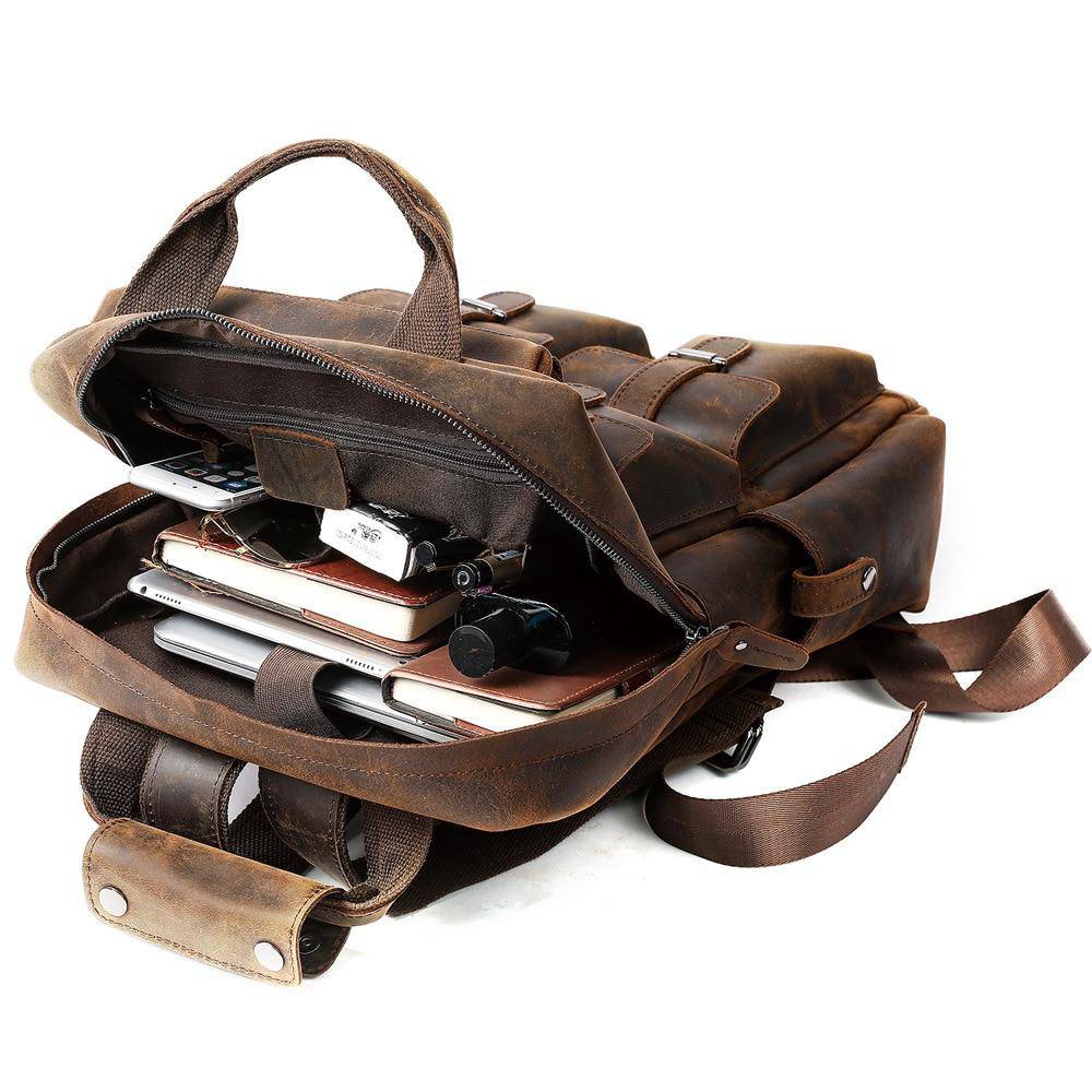 Explore in style with a brown genuine leather travel backpack designed for laptops