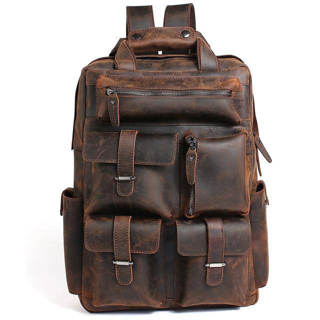 Brown genuine leather 15.6-inch travel backpack with 20-35L capacity