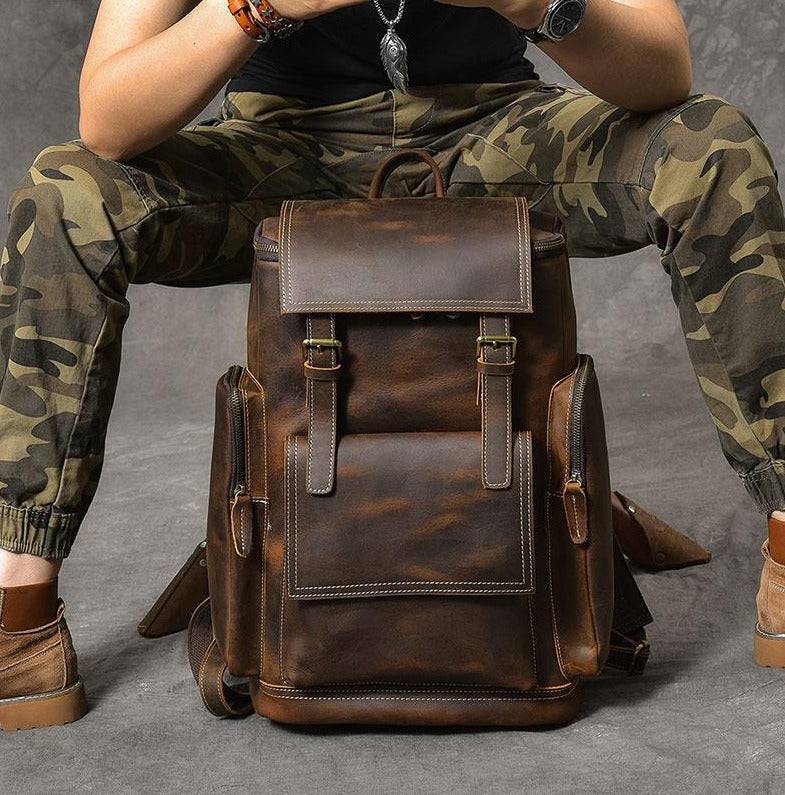 Durable and fashionable retro brown leather travel backpack for men