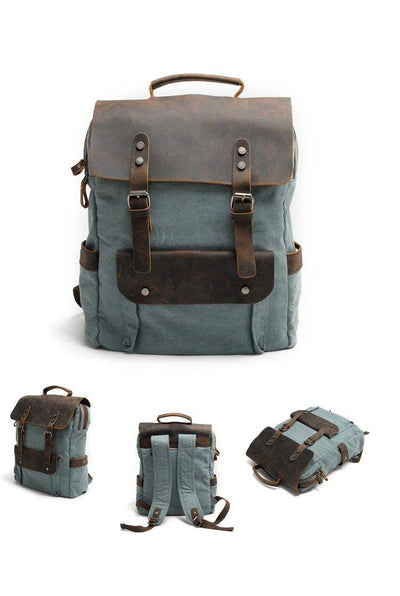 Canvas and leather backpack for 14-inch laptop, waterproof and spacious