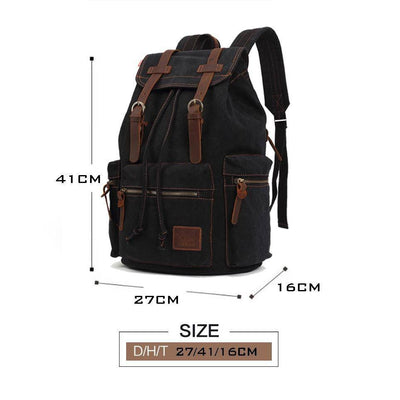 Canvas and leather backpack with drawstring closure