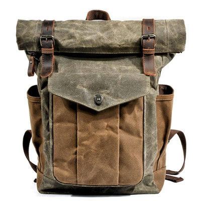 Waterproof travel backpack with oil-waxed vintage canvas and genuine leather