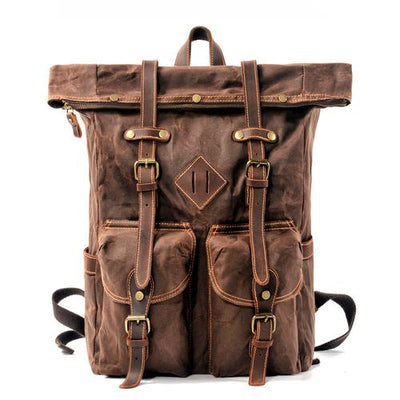 Dual-tone leather canvas travel backpack