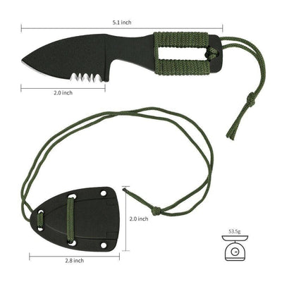 Neck knife with black rubberized handle and protective sheath