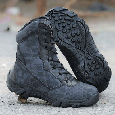 Black Python tactical boots with snake motif and waterproof technology