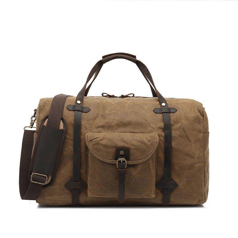 Stylish waxed canvas travel bag with built-in storage pockets