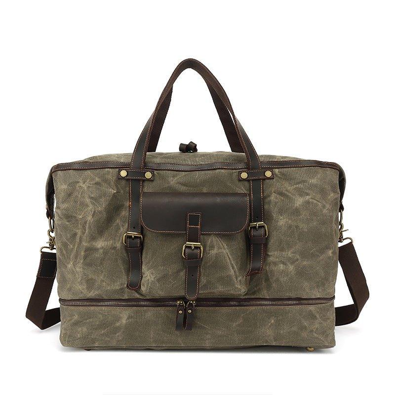 Stylish waxed canvas weekender bag with shoe pocket