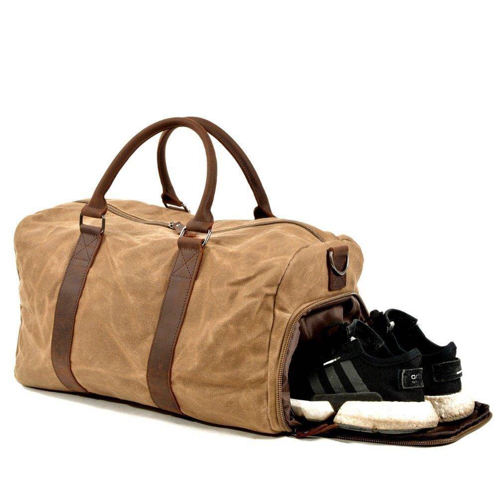 Waxed canvas duffle bags for travel with dedicated shoe compartment