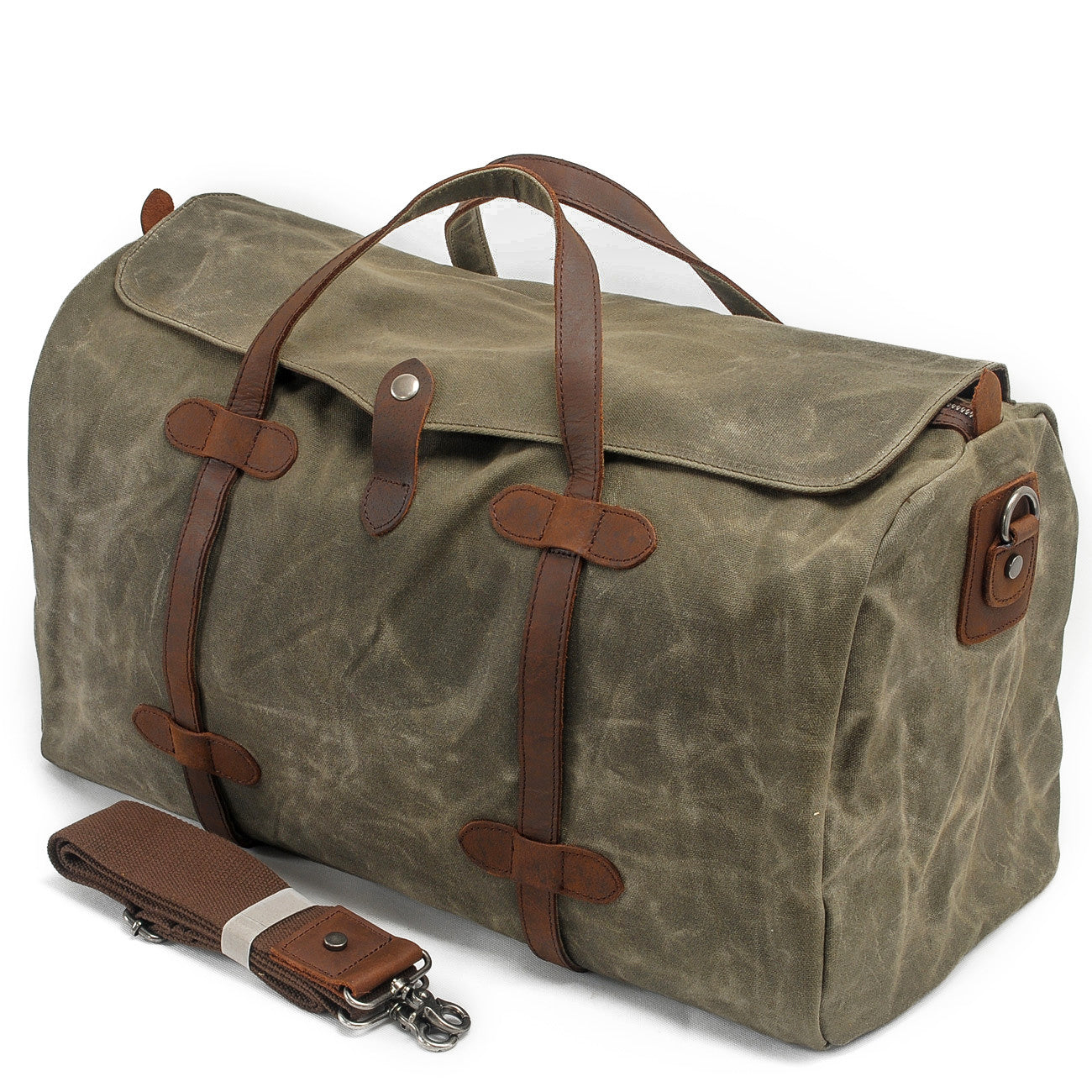 Vintage Waxed Canvas Gym Duffle Bag with Leather Straps - HUNTING CASE